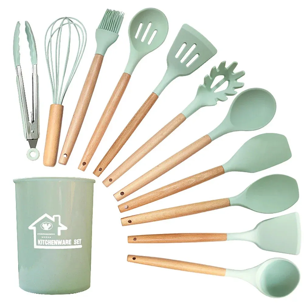 12 Piece Non Stick Silicone Cooking Utensil Set With Wood Handles