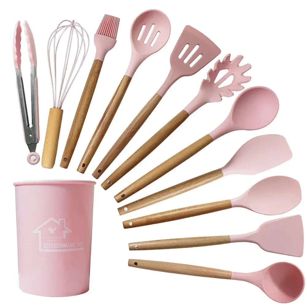 12 Piece Non Stick Silicone Cooking Utensil Set With Wood Handles