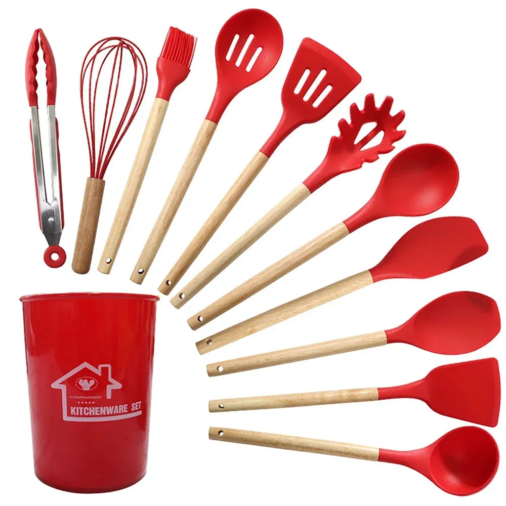 12 Piece Non Stick Silicone Cooking Utensil Set With Wood Handles