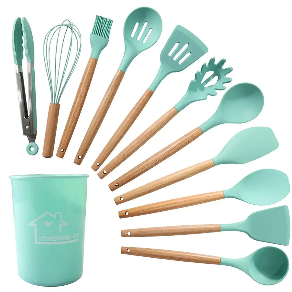 12 Piece Non Stick Silicone Cooking Utensil Set With Wood Handles