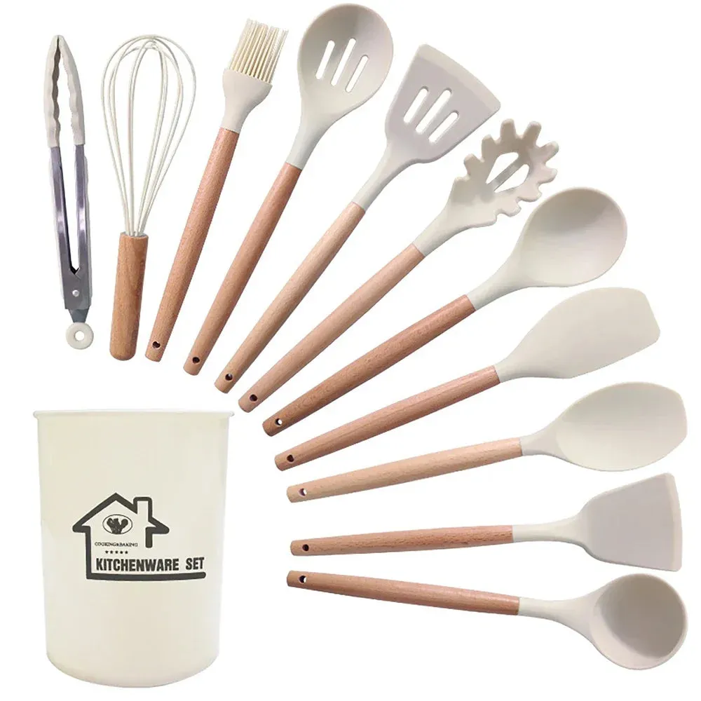 12 Piece Non Stick Silicone Cooking Utensil Set With Wood Handles