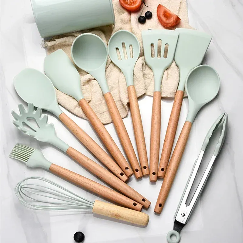12 Piece Non Stick Silicone Cooking Utensil Set With Wood Handles