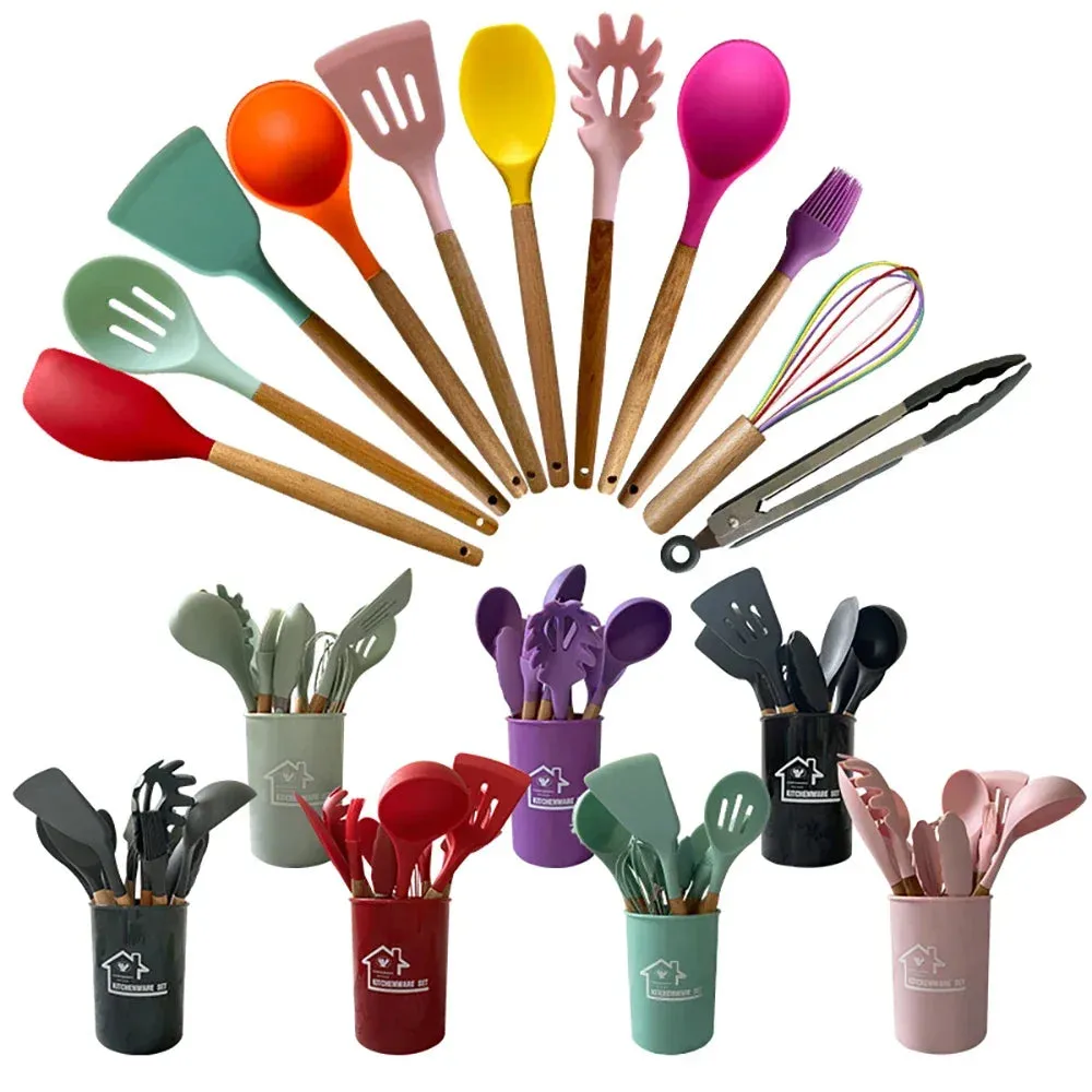 12 Piece Non Stick Silicone Cooking Utensil Set With Wood Handles