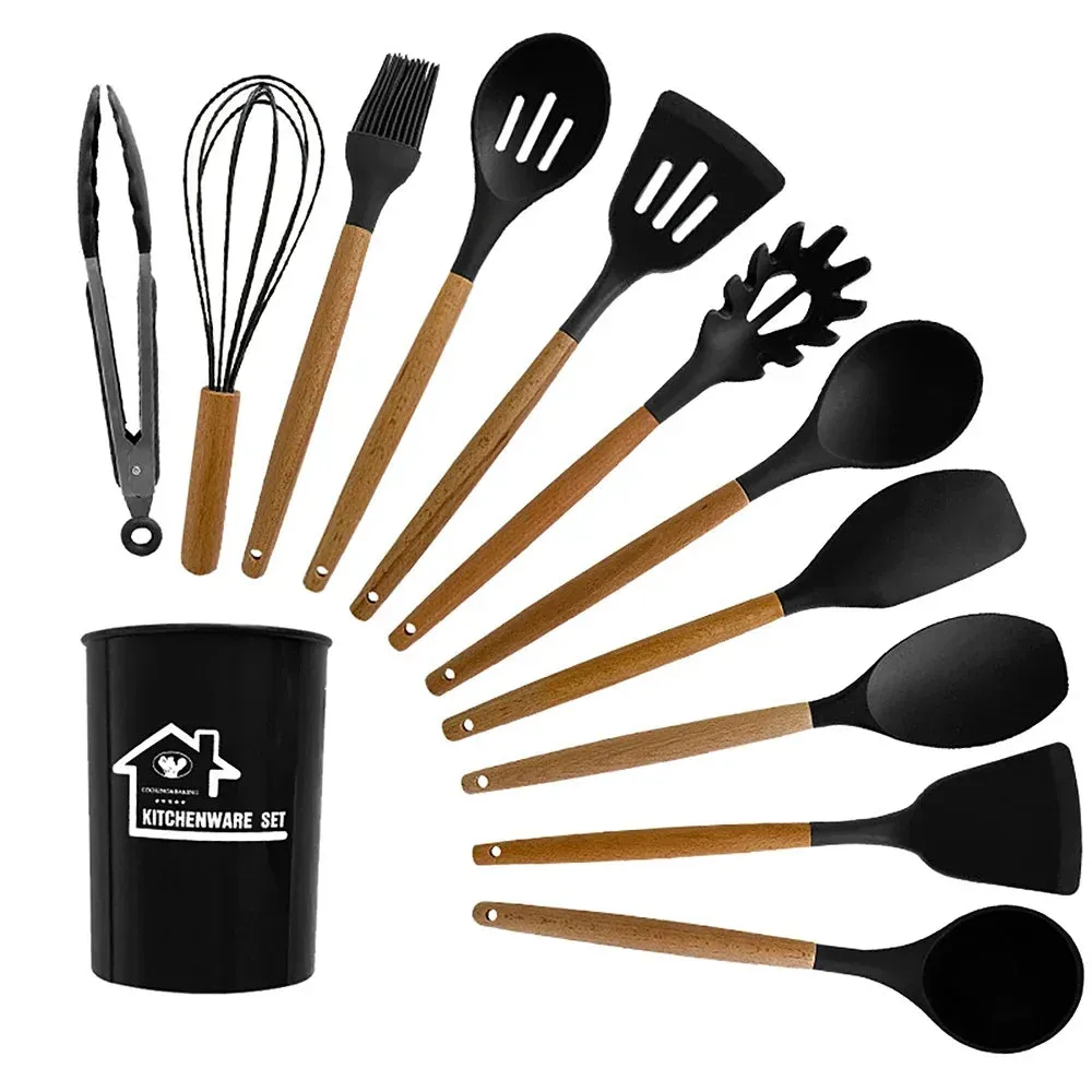 12 Piece Non Stick Silicone Cooking Utensil Set With Wood Handles