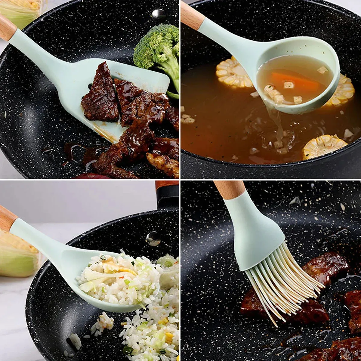 12 Piece Non Stick Silicone Cooking Utensil Set With Wood Handles