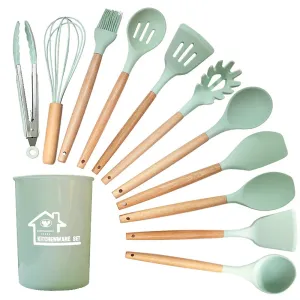 12 Piece Non Stick Silicone Cooking Utensil Set With Wood Handles
