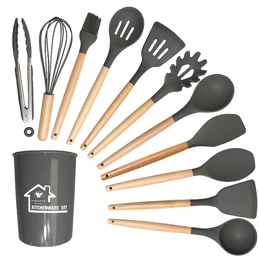 12 Piece Non Stick Silicone Cooking Utensil Set With Wood Handles