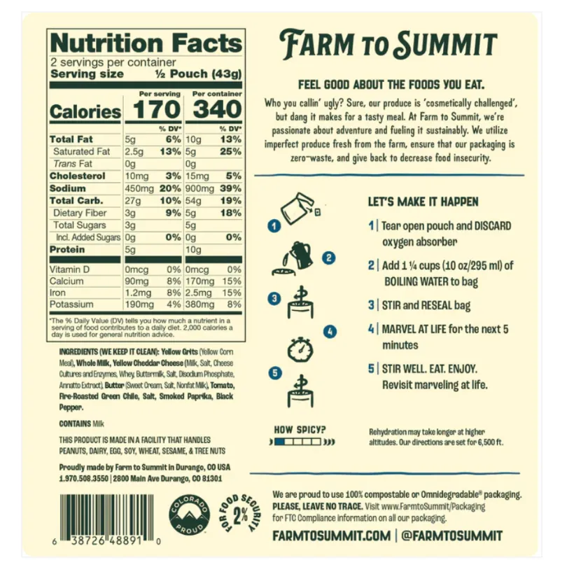 Farm To Summit - Green Chile Cheddar Grits - 2 Servings