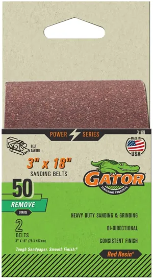 Gator 3169 Sanding Belt, 3 in W, 18 in L, 50 Grit, Coarse, Aluminum Oxide Abrasive :PK  2: QUANTITY: 1