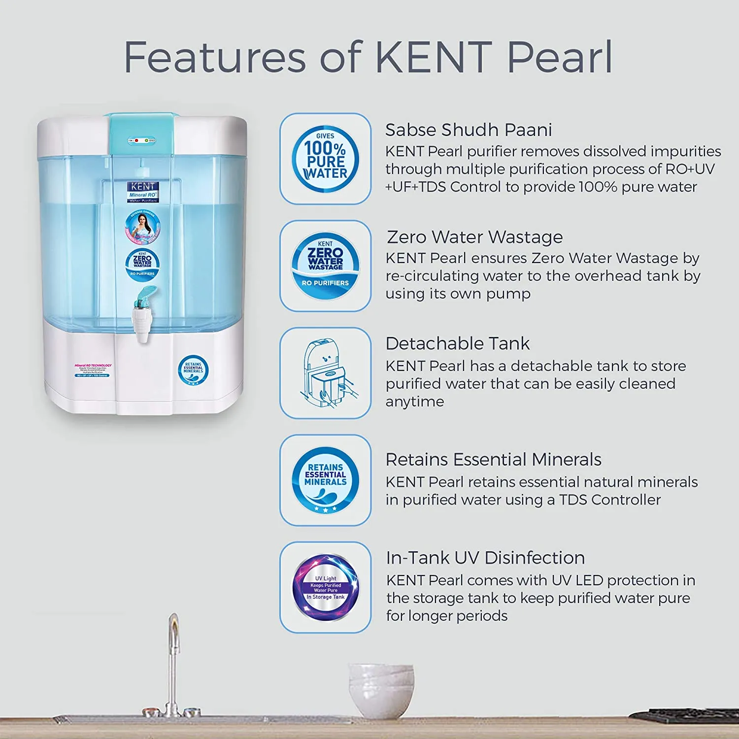KENT Pearl 8-Litres Mineral RO   UV/UF   TDS Water Purifier,Blue and White