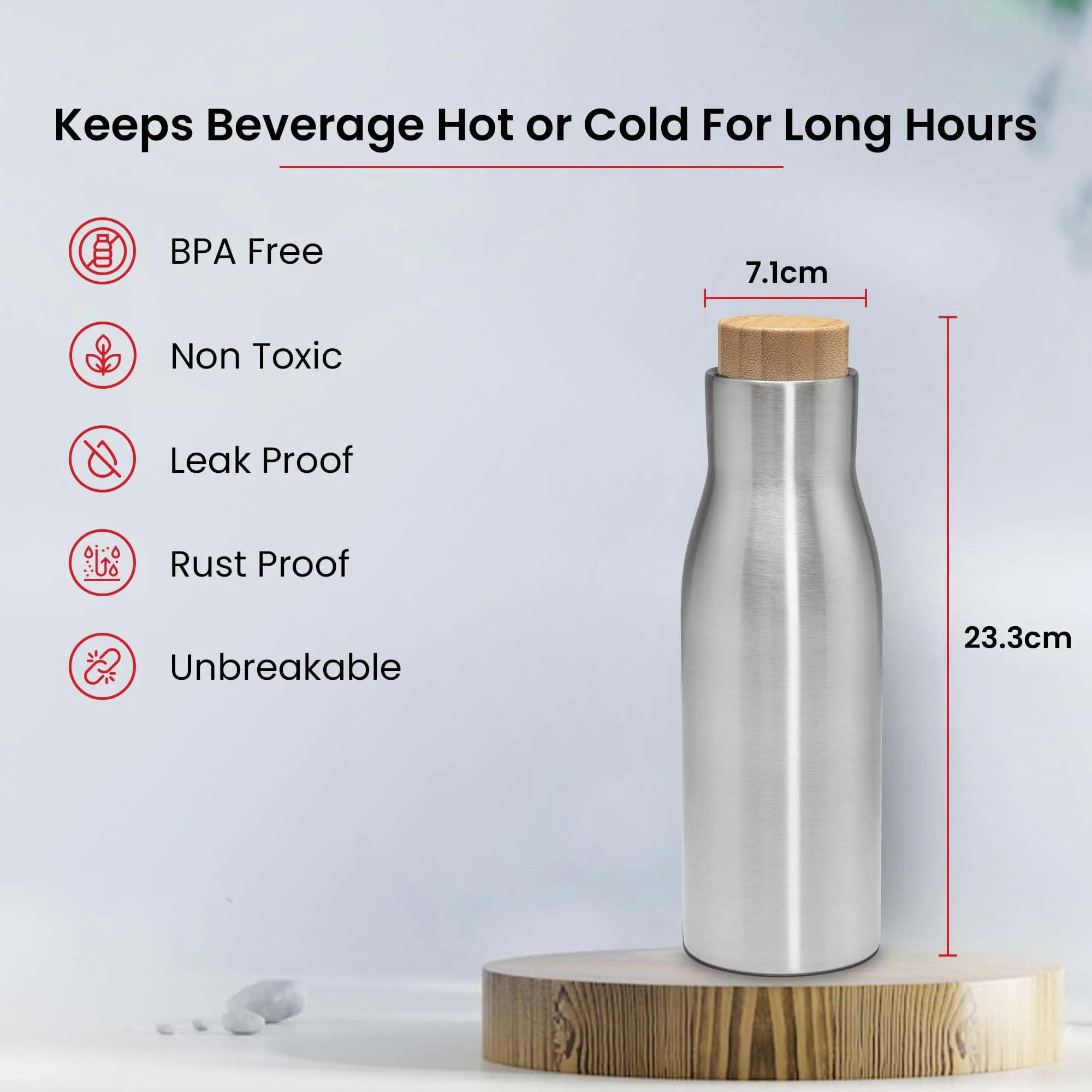 Kuber Industries 1500 ml Flask LeakProof Hot & Cold Stainless Steel Water Bottle with Bamboo Wooden Lid | Stain Resistent Insulated Thermos Water Bottle for Adults & Office | Silver