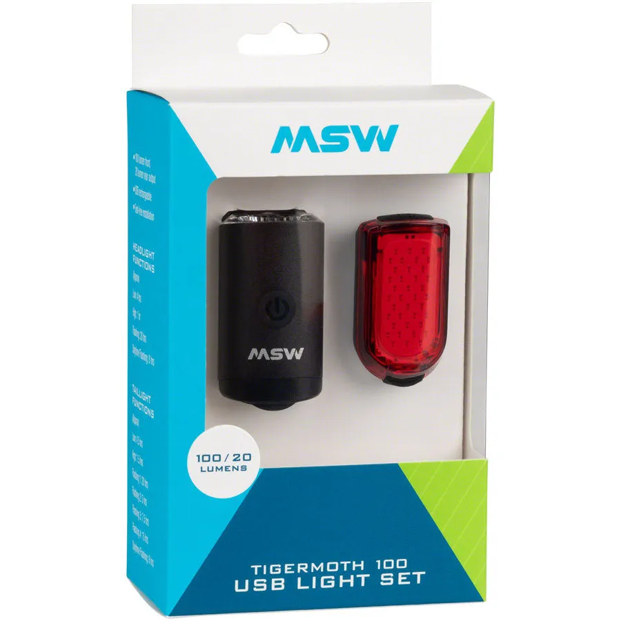 MSW Tigermoth 100 USB Recharable Light Set includes 100 Lumen Headlight and 20 Lumen Taillight