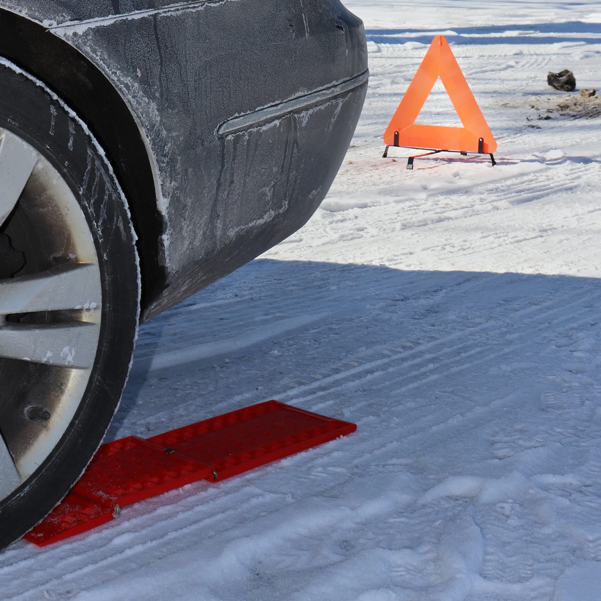 Oskar 3 Piece Emergency Kit, Red, Vehicle Roadside Assistance Set with Folding Tire Traction Mats and Reflective Warning Triangle for Accidents, Snow, Ice, Slush, Mud, Sand, Car, SUV, Truck