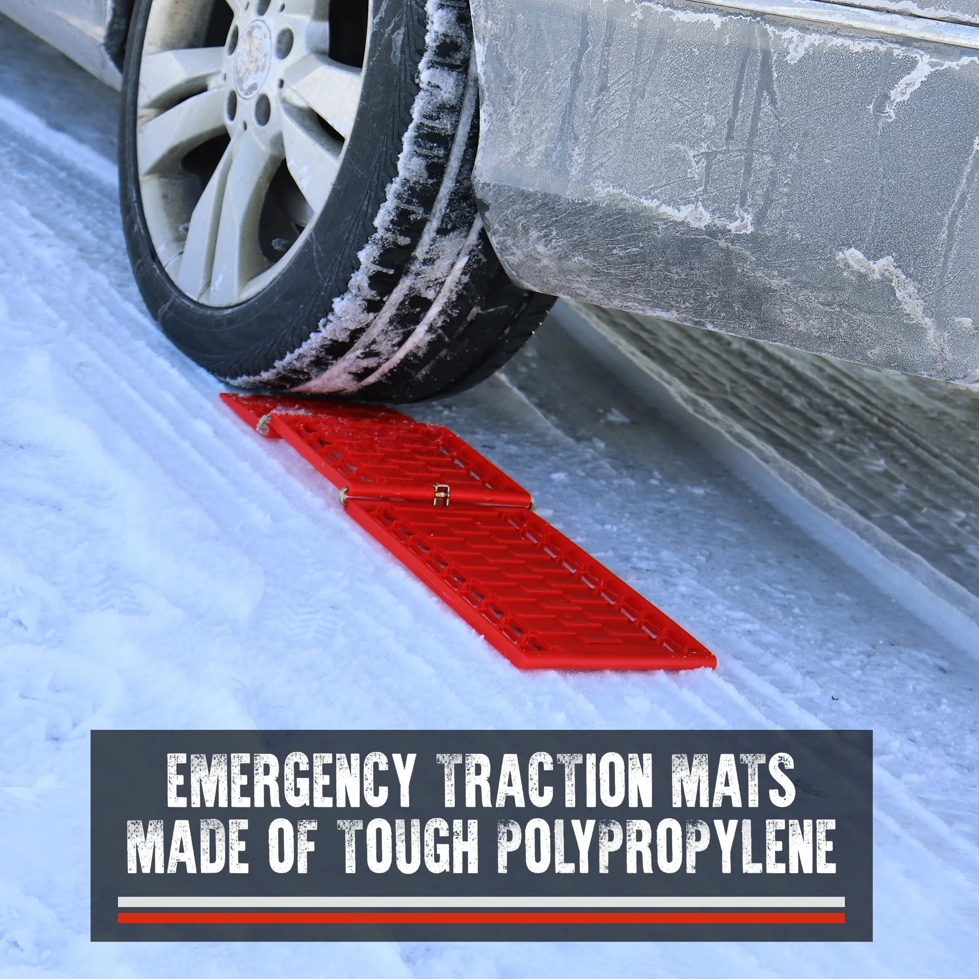 Oskar 3 Piece Emergency Kit, Red, Vehicle Roadside Assistance Set with Folding Tire Traction Mats and Reflective Warning Triangle for Accidents, Snow, Ice, Slush, Mud, Sand, Car, SUV, Truck