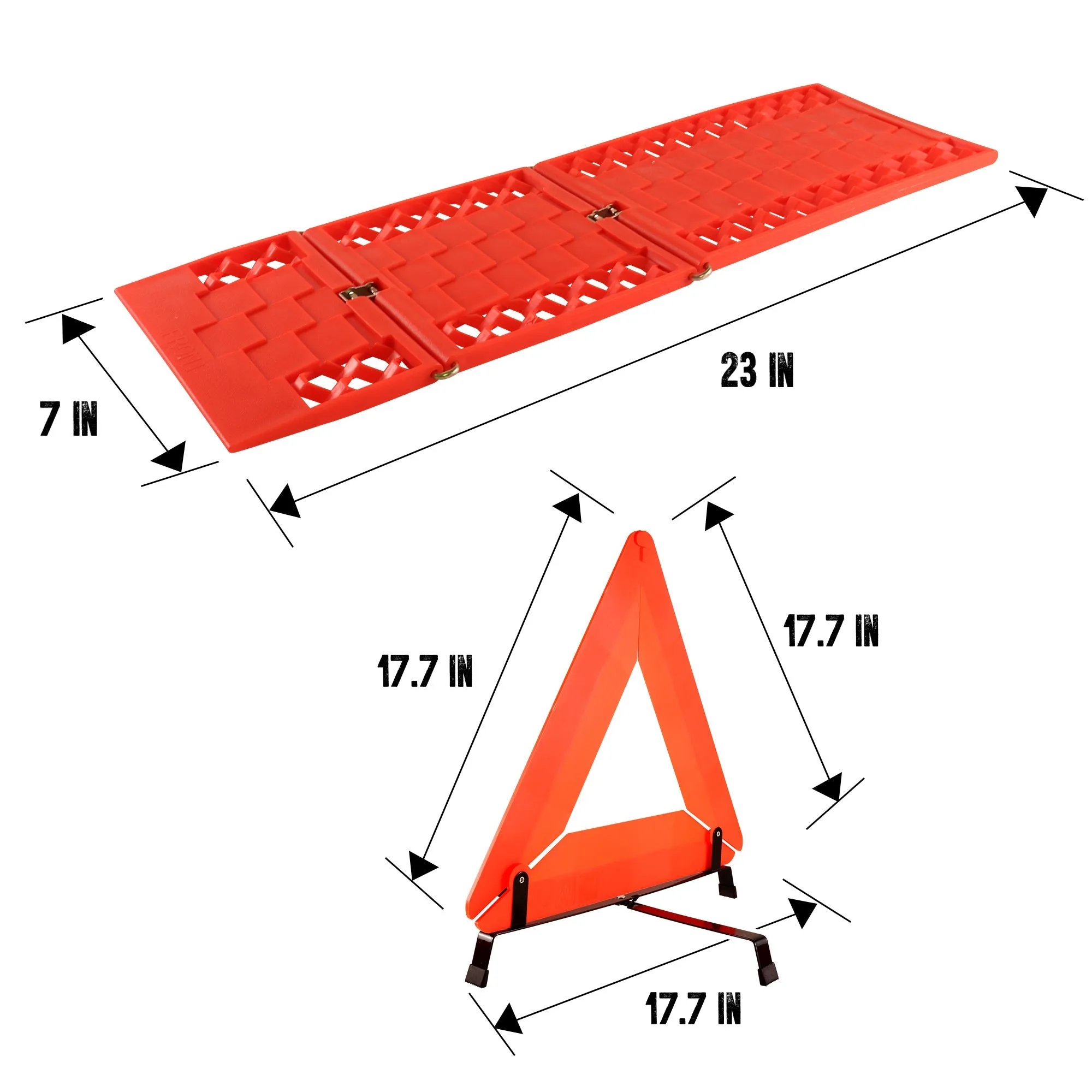 Oskar 3 Piece Emergency Kit, Red, Vehicle Roadside Assistance Set with Folding Tire Traction Mats and Reflective Warning Triangle for Accidents, Snow, Ice, Slush, Mud, Sand, Car, SUV, Truck
