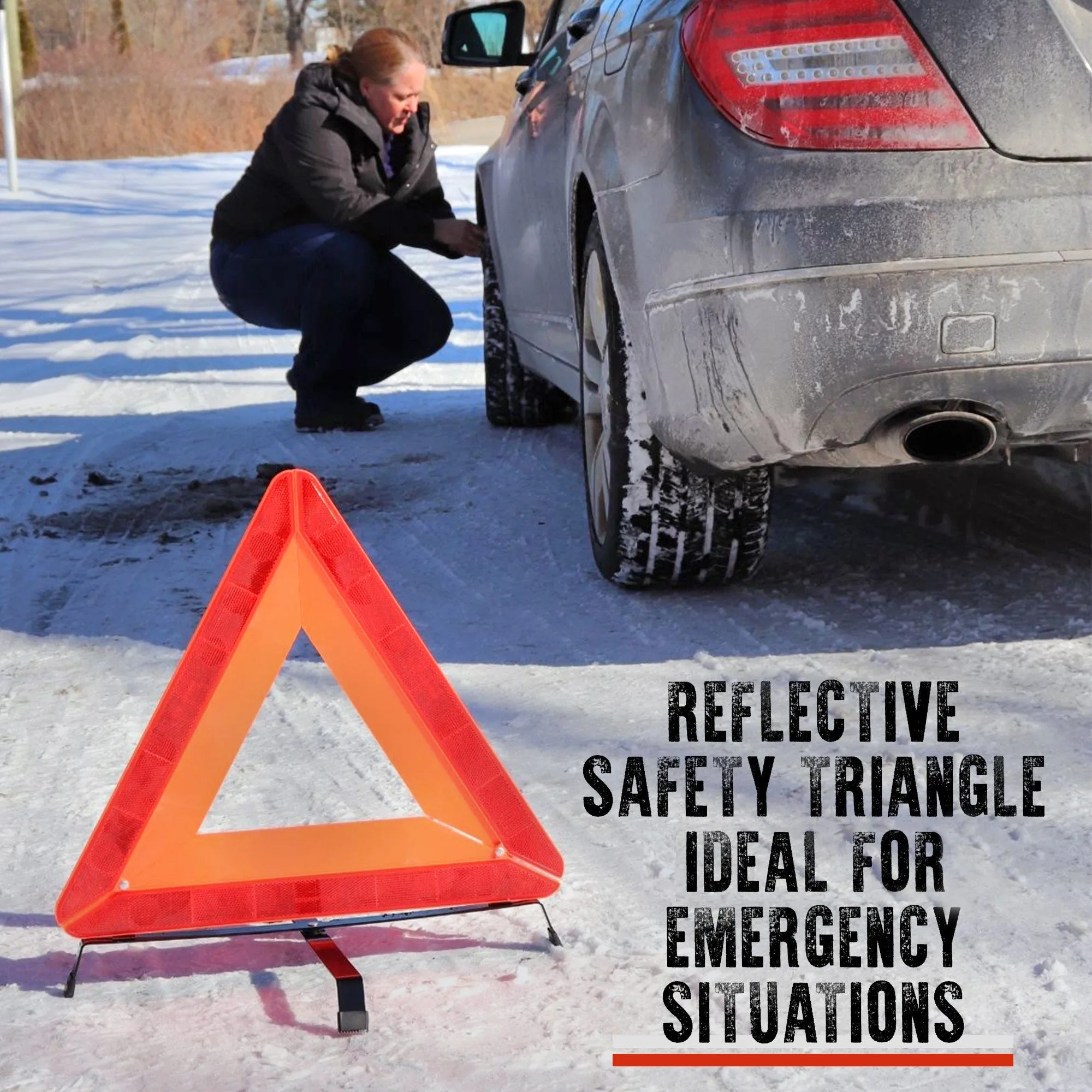 Oskar 3 Piece Emergency Kit, Red, Vehicle Roadside Assistance Set with Folding Tire Traction Mats and Reflective Warning Triangle for Accidents, Snow, Ice, Slush, Mud, Sand, Car, SUV, Truck