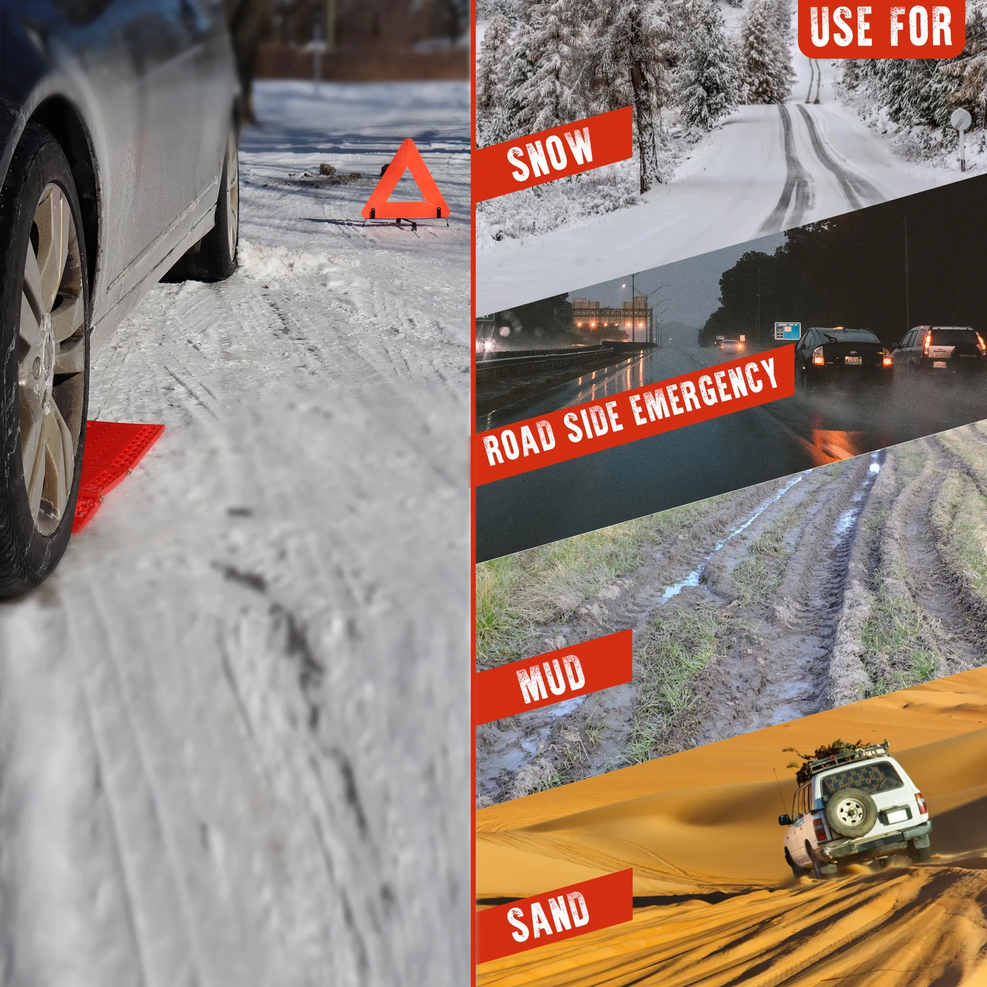 Oskar 3 Piece Emergency Kit, Red, Vehicle Roadside Assistance Set with Folding Tire Traction Mats and Reflective Warning Triangle for Accidents, Snow, Ice, Slush, Mud, Sand, Car, SUV, Truck