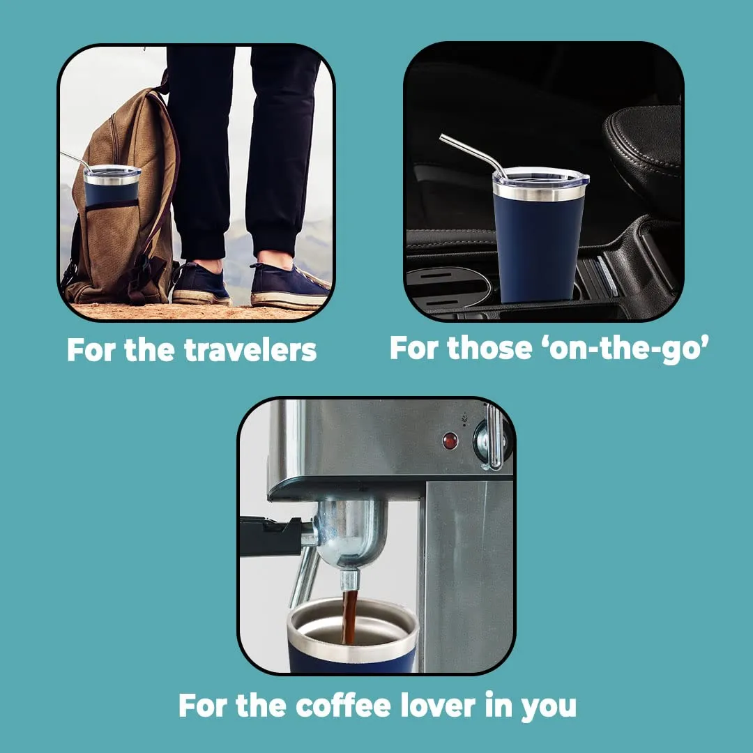 The Better Home 450 ml Insulated Coffee Cup Tumbler with Transparent Lid & Straw | Double Walled 304 Stainless Steel | Leakproof | 6 hrs hot & cold | Perfect For Travel, Home & Office | Blue