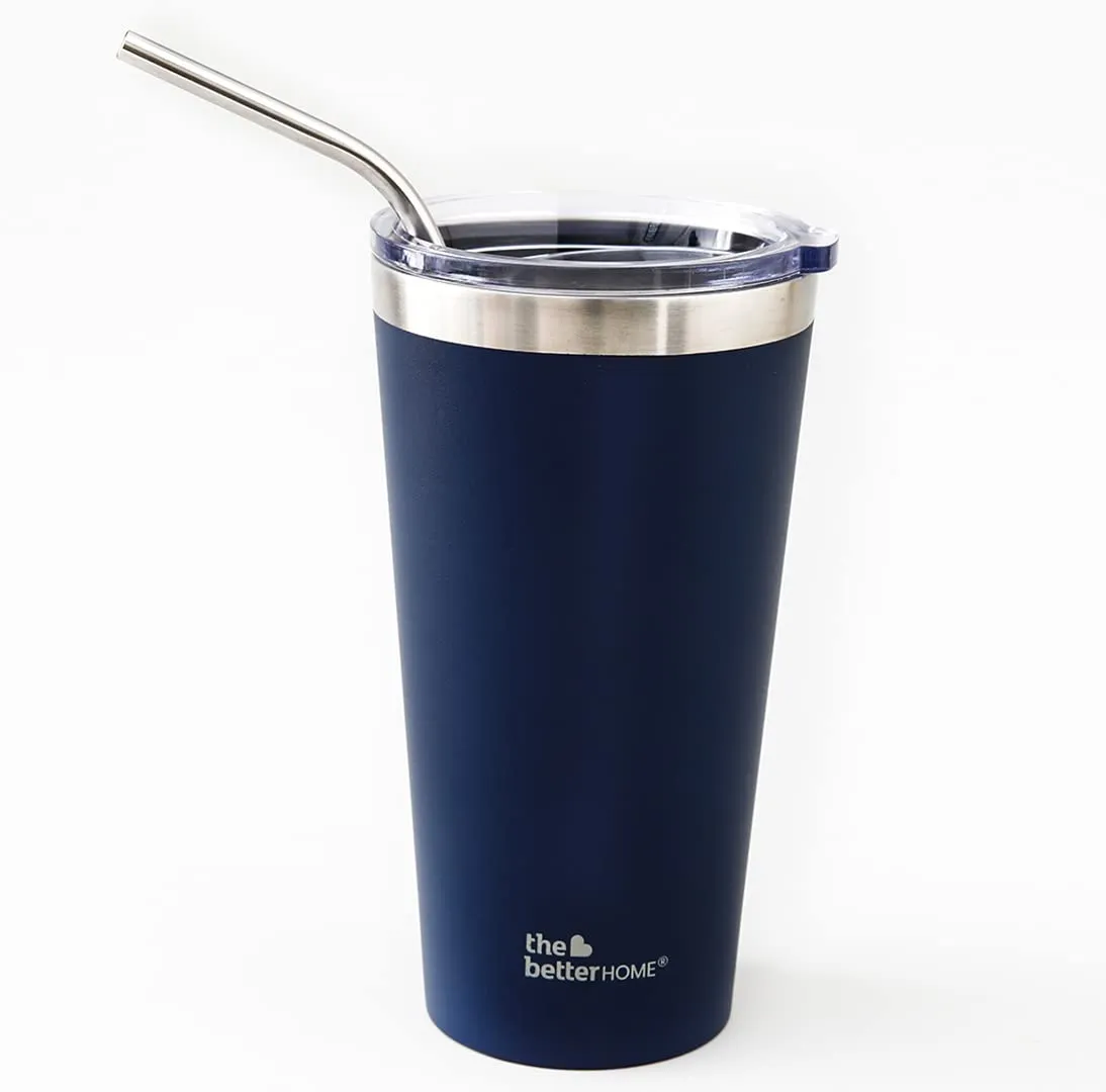 The Better Home 450 ml Insulated Coffee Cup Tumbler with Transparent Lid & Straw | Double Walled 304 Stainless Steel | Leakproof | 6 hrs hot & cold | Perfect For Travel, Home & Office | Blue