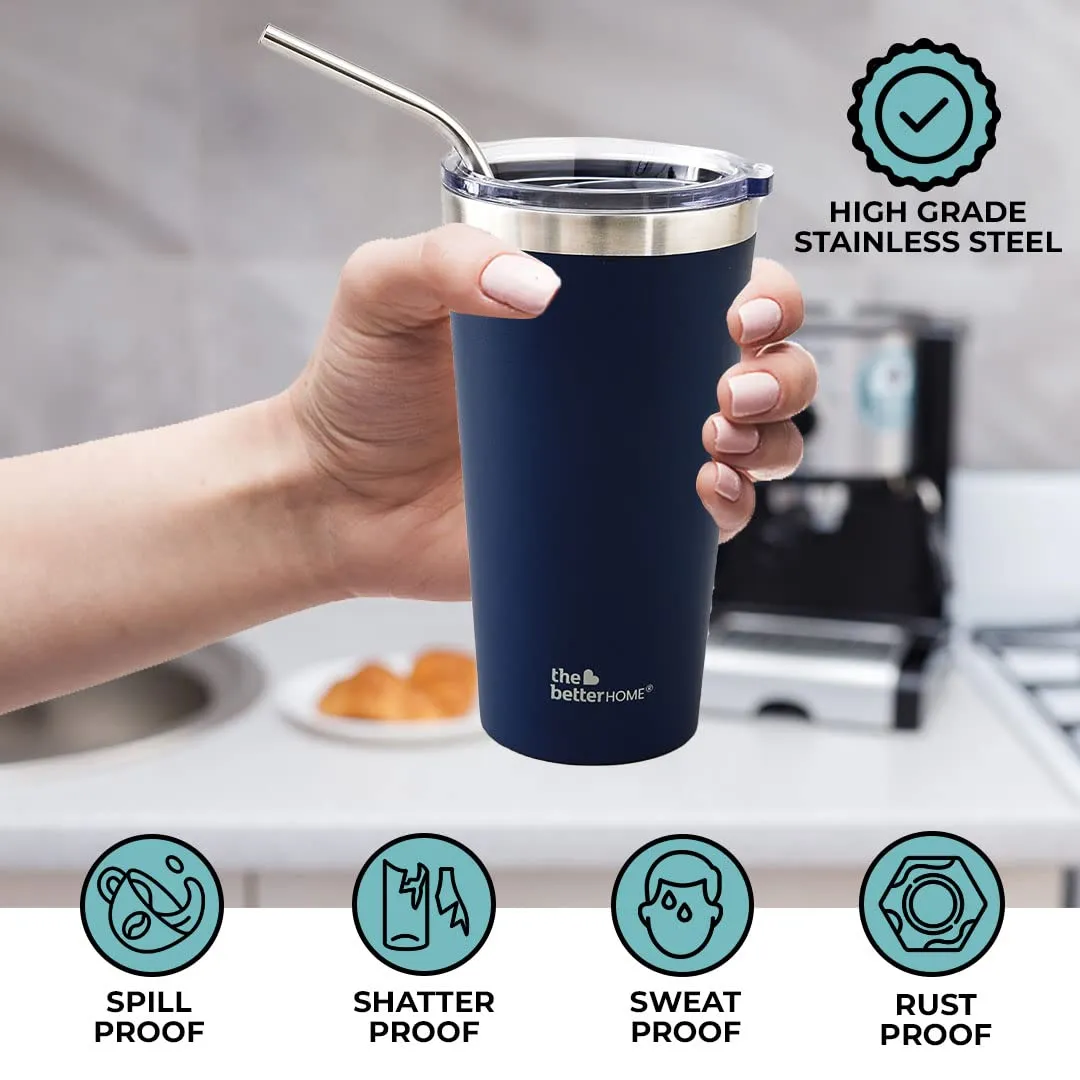The Better Home 450 ml Insulated Coffee Cup Tumbler with Transparent Lid & Straw | Double Walled 304 Stainless Steel | Leakproof | 6 hrs hot & cold | Perfect For Travel, Home & Office | Blue