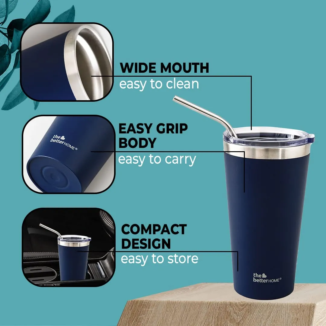 The Better Home 450 ml Insulated Coffee Cup Tumbler with Transparent Lid & Straw | Double Walled 304 Stainless Steel | Leakproof | 6 hrs hot & cold | Perfect For Travel, Home & Office | Blue