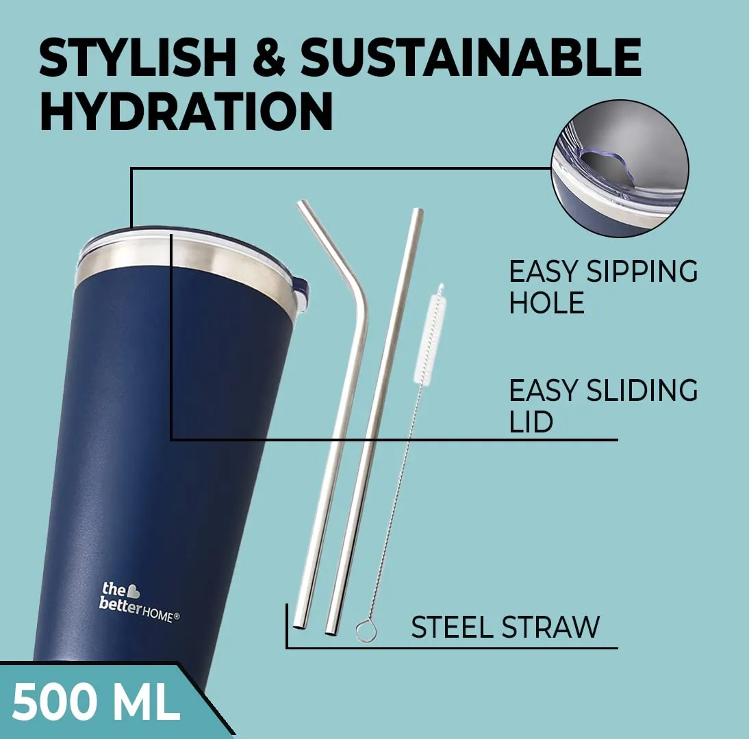 The Better Home 450 ml Insulated Coffee Cup Tumbler with Transparent Lid & Straw | Double Walled 304 Stainless Steel | Leakproof | 6 hrs hot & cold | Perfect For Travel, Home & Office | Blue