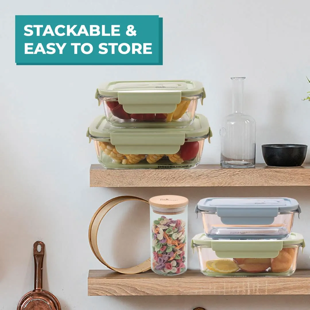 The Better Home Borosilicate Glass Lunch Box Set Of 3 (1040ml,680ml, 410ml) Tiffin Box For Office For Men Women |Lunch Box For Women School Kids |Microwave Safe Leak Proof Airtight Lunch Boxes (Green)