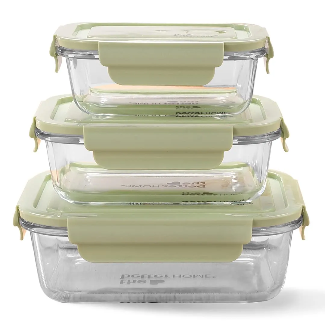 The Better Home Borosilicate Glass Lunch Box Set Of 3 (1040ml,680ml, 410ml) Tiffin Box For Office For Men Women |Lunch Box For Women School Kids |Microwave Safe Leak Proof Airtight Lunch Boxes (Green)