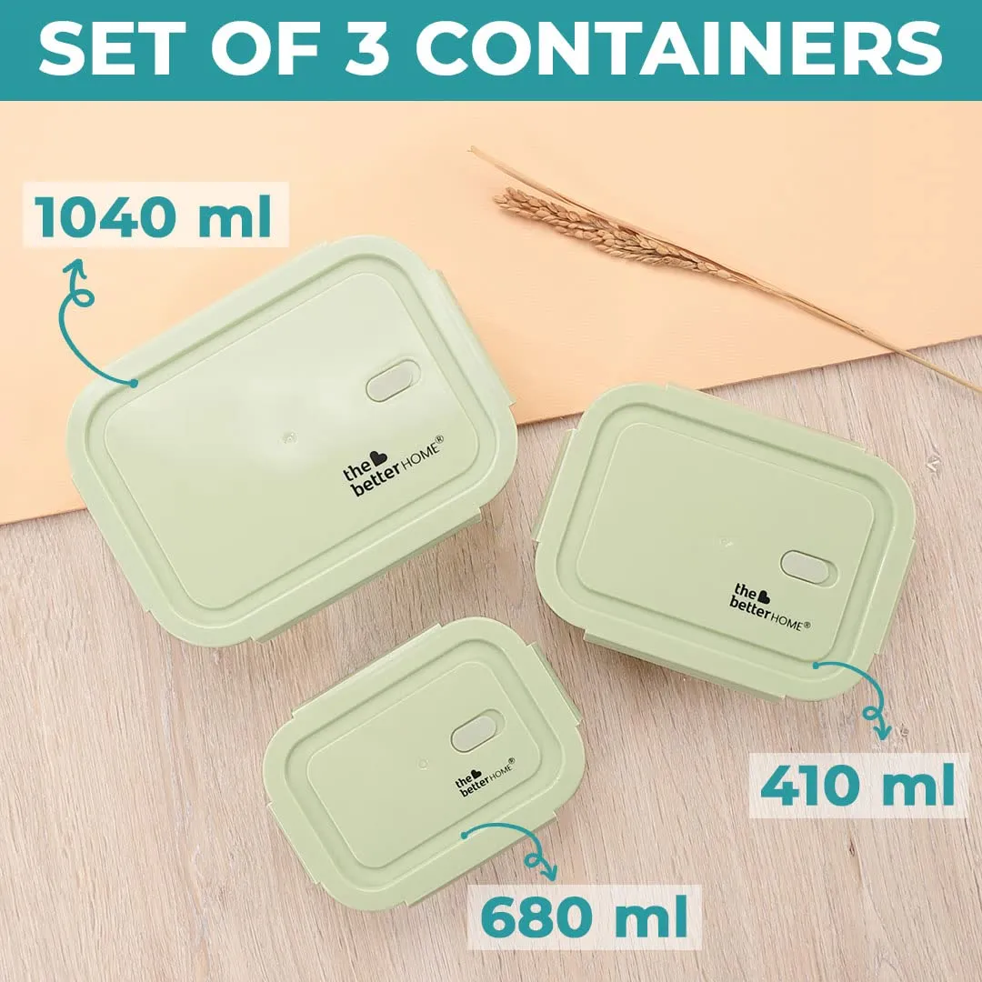 The Better Home Borosilicate Glass Lunch Box Set Of 3 (1040ml,680ml, 410ml) Tiffin Box For Office For Men Women |Lunch Box For Women School Kids |Microwave Safe Leak Proof Airtight Lunch Boxes (Green)