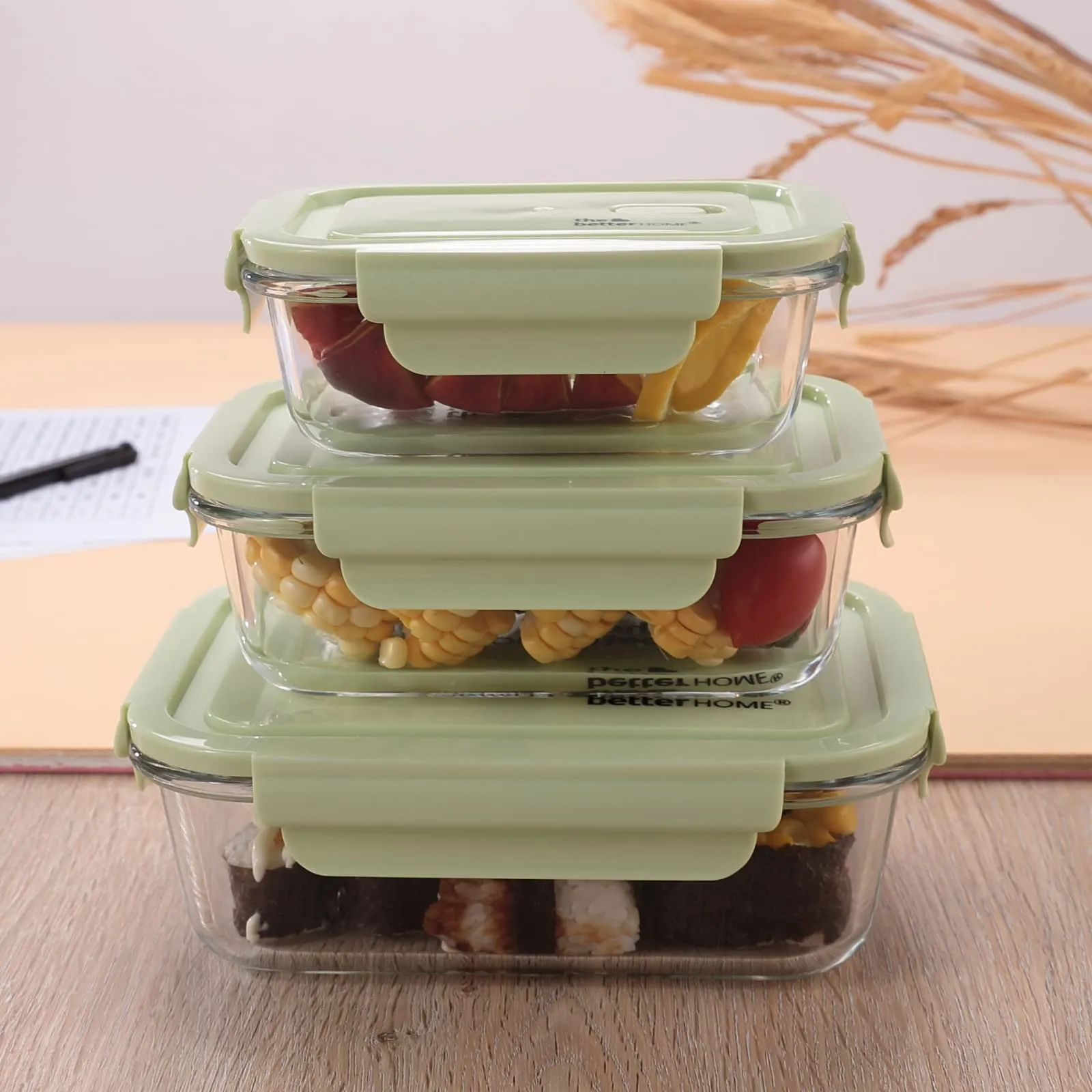 The Better Home Borosilicate Glass Lunch Box Set Of 3 (1040ml,680ml, 410ml) Tiffin Box For Office For Men Women |Lunch Box For Women School Kids |Microwave Safe Leak Proof Airtight Lunch Boxes (Green)