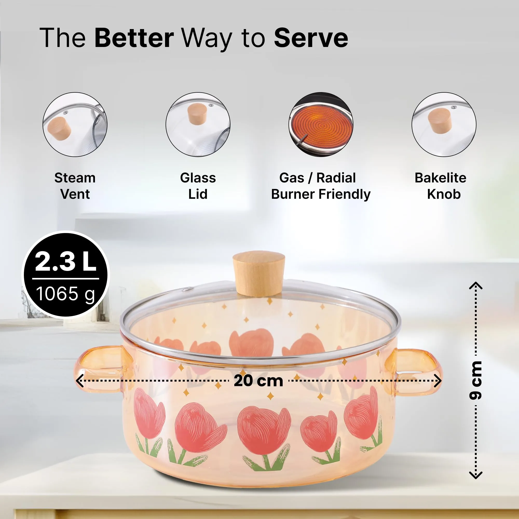 UMAI Borosilicate Glass Saucepan with Lid & Handle for Gas Stove (2.3L - Printed Amber) | Electric Pottery Safe | Handi for Cooking | Microwave Safe | Cooktop for Tea/Milk/Pasta | Diwali Gift