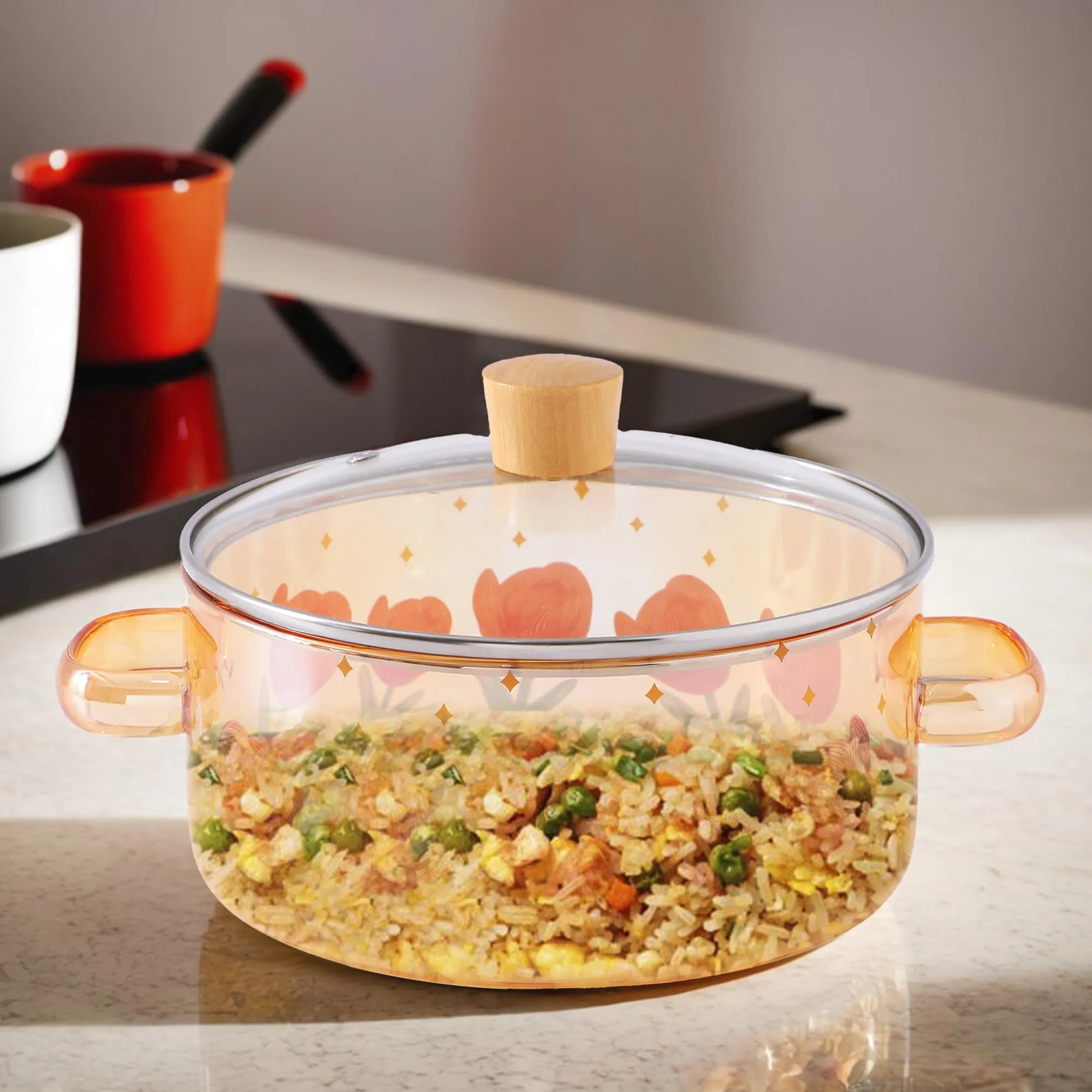 UMAI Borosilicate Glass Saucepan with Lid & Handle for Gas Stove (2.3L - Printed Amber) | Electric Pottery Safe | Handi for Cooking | Microwave Safe | Cooktop for Tea/Milk/Pasta | Diwali Gift