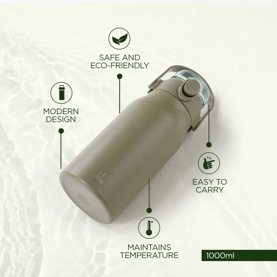 Umai Insulated Stainless Steel Bottle 1 Litre with Sipper Lid-Double Wall Vacuum Thermos|Leakproof|Rustproof|Keeps Drinks Hot/Cold for 6-12 Hours|FlipUp Handle|Easy to Carry (Pack of 3, Green)