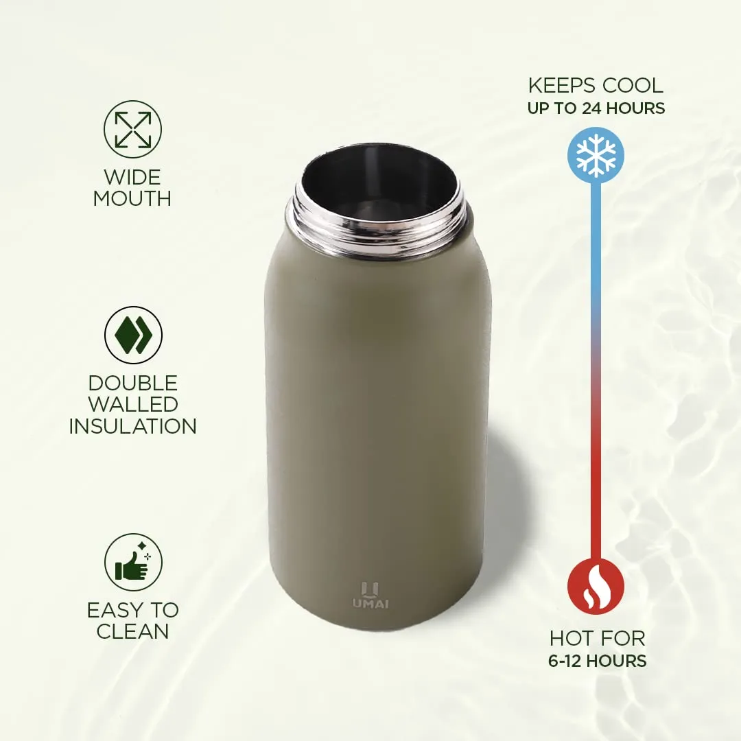 Umai Insulated Stainless Steel Bottle 1 Litre with Sipper Lid-Double Wall Vacuum Thermos|Leakproof|Rustproof|Keeps Drinks Hot/Cold for 6-12 Hours|FlipUp Handle|Easy to Carry (Pack of 3, Green)