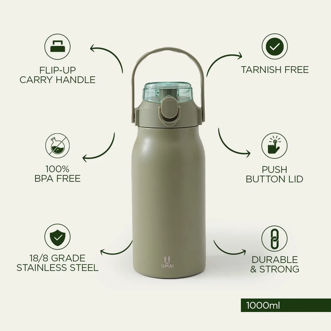 Umai Insulated Stainless Steel Bottle 1 Litre with Sipper Lid-Double Wall Vacuum Thermos|Leakproof|Rustproof|Keeps Drinks Hot/Cold for 6-12 Hours|FlipUp Handle|Easy to Carry (Pack of 3, Green)