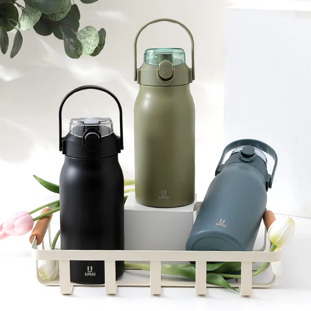Umai Insulated Stainless Steel Bottle 1 Litre with Sipper Lid-Double Wall Vacuum Thermos|Leakproof|Rustproof|Keeps Drinks Hot/Cold for 6-12 Hours|FlipUp Handle|Easy to Carry (Pack of 3, Green)